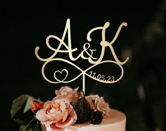 Wedding cake topper, eternity symbol, cake toppers for wedding, wooden cake topper, initials cake topper, infinity cake topper heart, #182