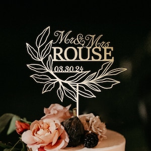 Personalized Wood Wedding Cake Topper: Rustic Floral Mr & Mrs