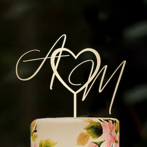 Topo de bolo de casamento, topos de bolo personalizados para casamento, topo de bolo de coração de madeira, topo de bolo de iniciais, topo de bolo personalizado de coração, #191