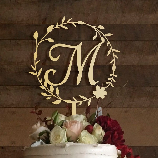 Rustic Wedding Cake Topper: Floral Wreath Initial M