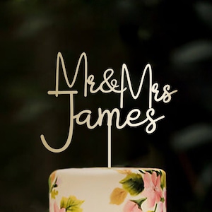 Wedding cake topper personalised Mr and Mrs calligraphy personalized cake topper surname gold wooden customized surname cake topper, #206
