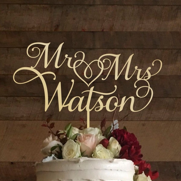 Wedding cake topper personalised Mr and Mrs calligraphy personalized cake topper surname gold wooden customized surname cake topper, #086_1