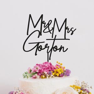 Wedding cake topper personalised Mr and Mrs calligraphy personalized cake topper surname gold wooden customized surname cake topper, #210_3