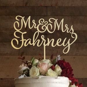 Personalised wedding cake topper Mr & Mrs calligraphy cake topper surname cake topper natural wood cake topper cake custom cake topper, #072