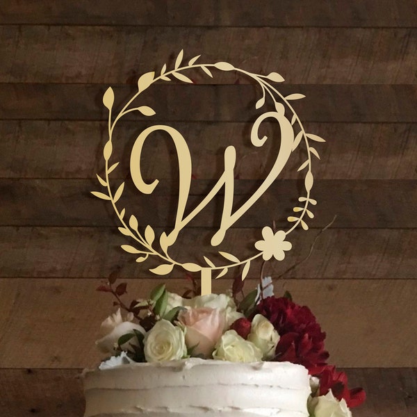 Rustic Wedding Cake Topper: Initial W Monogram, Floral Wreath