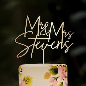 Wedding cake topper personalised Mr and Mrs calligraphy personalized cake topper surname gold wooden customized surname cake topper, #210_1