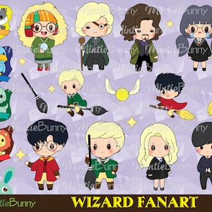 May include: A set of 11 cartoon illustrations featuring characters from the Harry Potter series. The characters are depicted in a chibi style, with large heads and small bodies. The illustrations are colorful and whimsical, and they would be perfect for fans of the Harry Potter series.