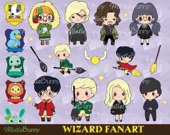 Wizard Inspired 2 - Wizard Clipart - Fan art clipart - Witch Clipart  - Magic Clipart - Hand Drawn - Chibi clipart - Wizard Bundle  Party