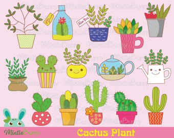 May include: A set of 12 cartoon illustrations of various potted plants, including cacti, succulents, and leafy plants. The illustrations are in a bright, colorful style and feature cute faces and details. The text "Cactus Plant" is at the bottom of the image.