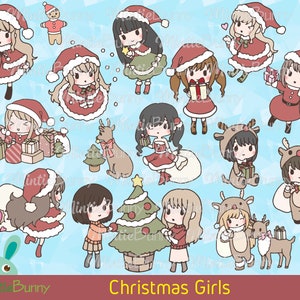 Clipart ragazza di Natale - Clipart belle ragazze - Clipart di Natale Noel - Disegnato a mano - Set di adesivi - Adesivo Planner stampabile - Adesivo Kawaii