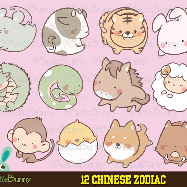Zodiac Clipart -  Horoscope Clipart - 12 Chinese Zodiac signs - Hand Drawn- Instant Download - Printable Planner Sticker - Planner Stickers
