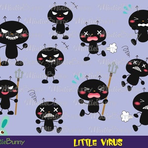 May include: A set of nine cartoon virus illustrations with different expressions. The viruses are black with red cheeks and white eyes. They are shown with various facial expressions, including angry, sad, and surprised. The text "LITTLE VIRUS" is at the bottom of the image.