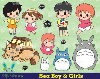 Magic Sea Boy and Girl Clipart Fan art - Chibi Anime - Ręcznie rysowane Anime - Chibi clipart - Natychmiastowe pobieranie
