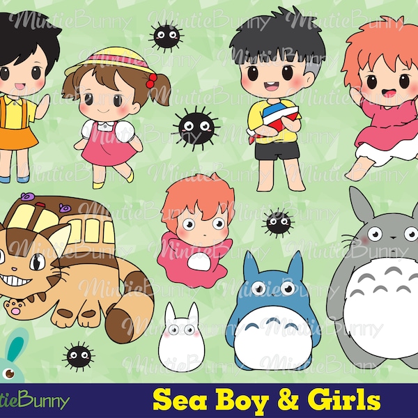 Magic Sea Boy and Girl Clipart Fan art - Chibi Anime - Hand Drawn Anime - Chibi clipart - Instant Download