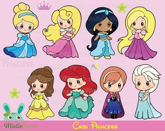 Cute Princess ClipArt - Princess Clipart -  Princess Chibi - Chibi Clipart - Hand Drawn INSTANT DOWNLOAD