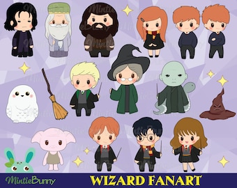 Wizard Inspired - Wizard Clipart - Fan art clipart - Witch Clipart - Magic Clipart - Rysowane ręcznie - Chibi clipart - Wizard Bundle Party