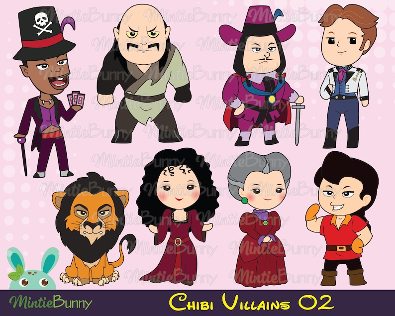 Może przedstawiać: Zestaw dziesięciu kresk&oacute;wek przedstawiających złoczyńc&oacute;w Disneya w stylu chibi. Złoczyńcy to Ursula, Kapitan Hak, Dżafar, Maleficent, Lady Tremaine, Książę Hans, Scar, Gaston i Zła Kr&oacute;lowa. Ilustracje są w kolorowym stylu kresk&oacute;wkowym i idealnie nadają się do wykorzystania w r&oacute;żnych projektach.