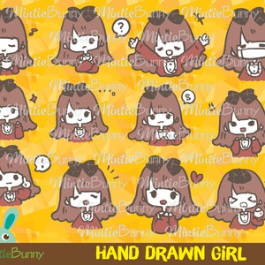 Girl Clipart - Lovely Hand Drawn Girls Clipart - Cute clipart - Hand Drawn -  Sticker Set - Printable Planner Sticker - Kawaii sticker