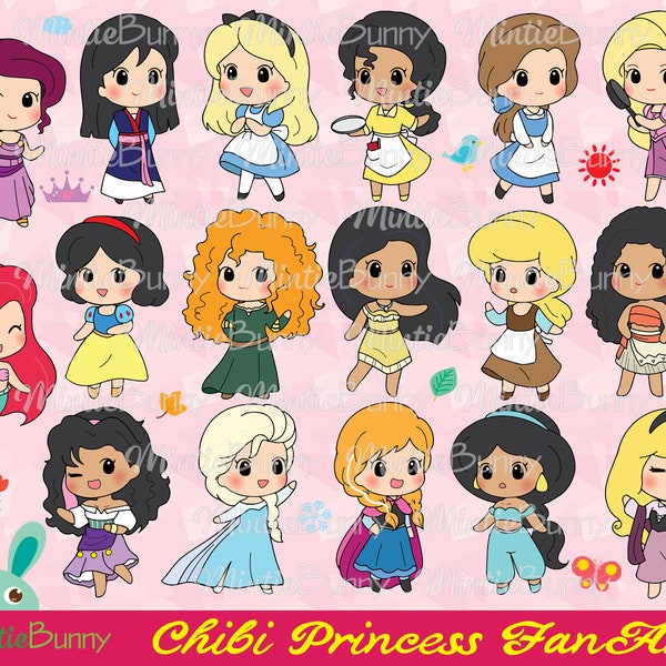 Cute Chibi Princess ClipArt - Princess Clipart -  Chibi Girls clipart - Hand Drawn - Instant Download - Planner Sticker - Scrapbooking