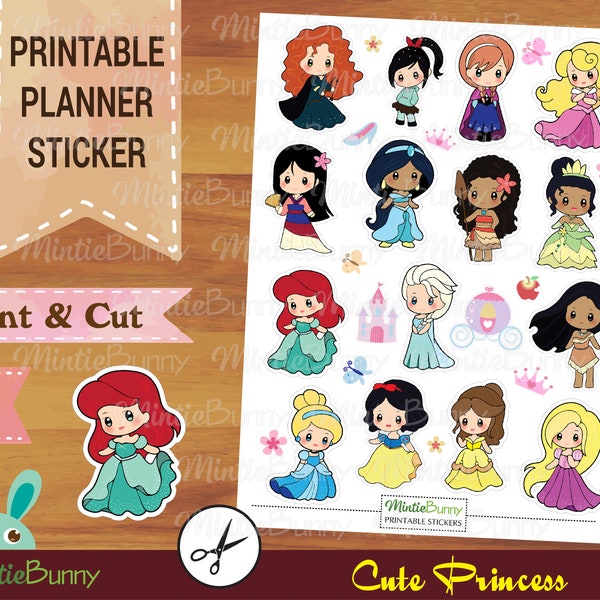 Princess Printable Sticker - Printable Planner Stickets -  Book label Kids cards Gift tags Scrapbooking - Instant Download