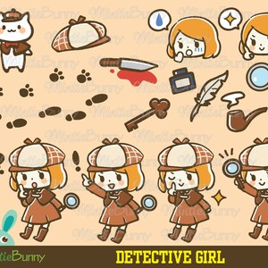 Detective Clipart - Detective Girl Clipart - Girl Cat Clipart - Hand Drawn -  Sticker Set - Printable Planner Sticker - Kawaii sticker