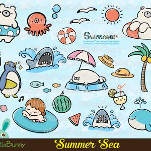 Joli clipart été - mer plage poisson requin ours phoque Clipart - téléchargement immédiat - agenda imprimable autocollant - Stickers agenda