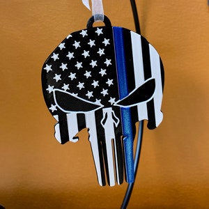 Skull Thin Blue Line American Flag, Police Thin Blue Line Bag Tag, 3D Printed, Christmas Ornament