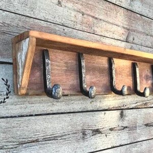 Coat Rack. Real Reclaimed 100 Year Old Handmade Barn Wood Rustic Coat Rack Railroad Spike Hooks with Shelf and Wall mount.