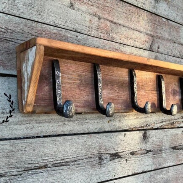 Coat Rack. Real Reclaimed 100 Year Old Handmade Barn Wood Rustic Coat Rack Railroad Spike Hooks with Shelf and Wall mount.