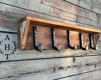 Coat Rack. Real Reclaimed 100 Year Old Handmade Barn Wood Rustic Coat Rack Railroad Spike Hooks with Shelf and Wall mount.