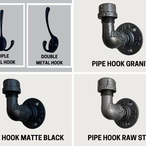 Puede incluir: Una colecci&oacute;n de ganchos de pared que incluye un gancho triple de metal, un gancho doble de metal y tres ganchos de tuber&iacute;a etiquetados como Pipe Hook Granite, Pipe Hook Matte Black y Pipe Hook Raw Steel, con una brida de montaje.