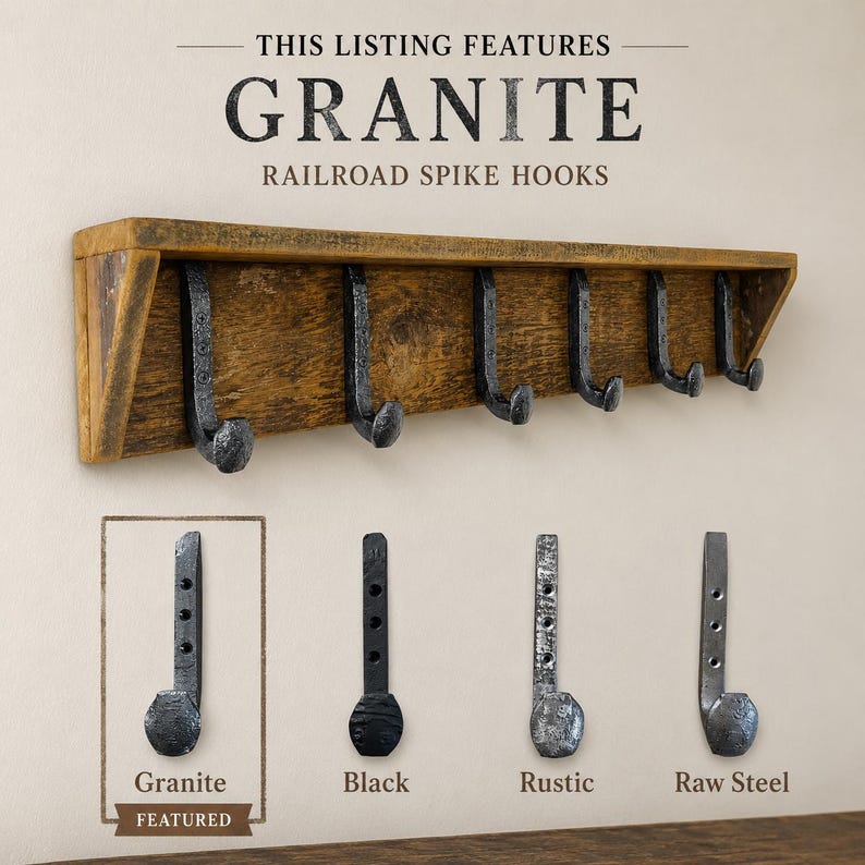 Puede incluir: Un perchero de madera montado en la pared con seis ganchos de clavo de v&iacute;a f&eacute;rrea de color gris oscuro. El texto dice: THIS LISTING FEATURES GRANITE RAILROAD SPIKE HOOKS. Abajo, cuatro estilos de ganchos se muestran y etiquetan: Granite, Black, Rustic, Raw Steel.