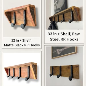 Puede incluir: Una colecci&oacute;n de estantes de madera de granero hechos a mano con varias configuraciones. Las opciones incluyen un estante de 30,48 cm con ganchos de acero negro mate, un estante de 83,82 cm con ganchos de acero crudo, uno de 60,96 cm y otro de 45,72 cm.