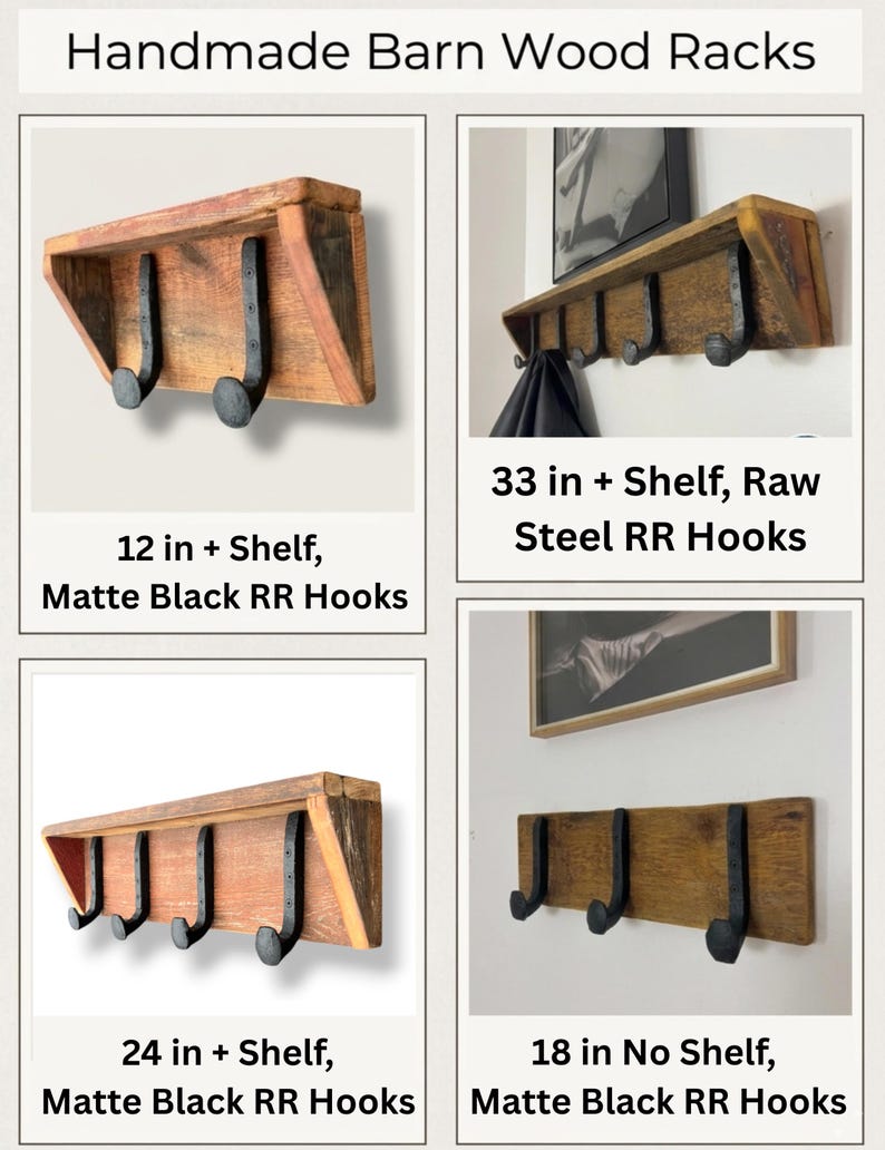 Puede incluir: Una colecci&oacute;n de estantes de madera de granero hechos a mano con varias configuraciones. Las opciones incluyen un estante de 30,48 cm con ganchos de acero negro mate, un estante de 83,82 cm con ganchos de acero crudo, uno de 60,96 cm y otro de 45,72 cm.
