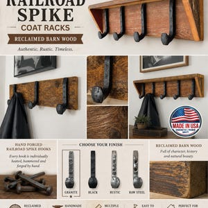 Puede incluir: Un perchero de pared hecho de madera de granero recuperada con cuatro ganchos de metal negro forjados a mano en forma de clavos de v&iacute;a f&eacute;rrea. La imagen muestra vistas de la veta de la madera, acabados de ganchos y etiquetas de texto.