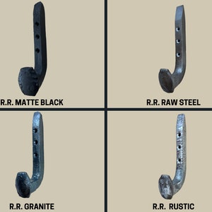 May include: Four railroad spike hooks in different finishes: matte black, raw steel, granite, and rustic.