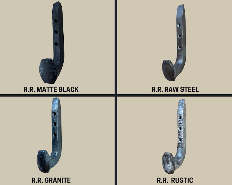 May include: Four railroad spike hooks in different finishes: matte black, raw steel, granite, and rustic.