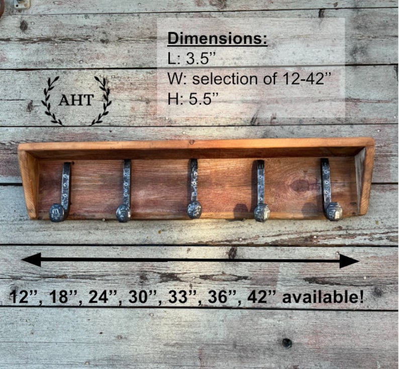 Puede incluir: Un perchero de pared de madera con cinco ganchos de metal oscuro. El estante incluye el texto: Dimensions: L: 3.5", W: selection of 12-42", H: 5.5". Debajo, el texto indica: 12", 18", 24", 30", 33", 36", 42" available!