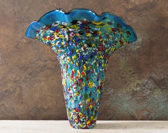 Handcrafted Blue Murano Shell Vase - 45cm Coastal Italian Glass Decor, Unique Gift for Her Vintage Unique Gift