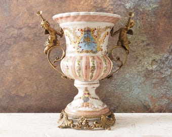 Vintage Art Nouveau Porcelain Vase: Angelic Floral Design with Bronze Accents - Signed Collectible Carafegift Unique Vintage Gift