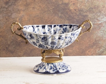 Antike Jugendstil Porzellan & Bronze Schale mit Schwanenmotiv - Luxuriöses Florenz Dekor, Geschenk für ihn, Geschenk für Sie
