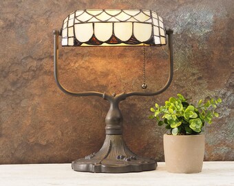 Elegant White Art Deco Tiffany-Inspired Stained Glass Table Lamp for Desk or Accent Lighting