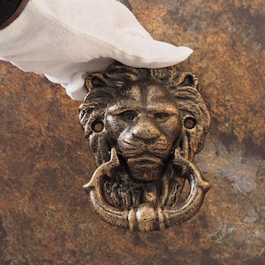 Op de afbeelding: Een bronzen leeuwenkop deurklopper met een ringhandvat. De klopper is gemonteerd op een getextureerd bruin oppervlak. Het gezicht van de leeuw heeft gedetailleerde kenmerken en het ringhandvat is gebogen.