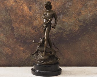 Bronze Boy with Leopard Sculpture 13.8" After Loys Potet Vintage Style Art