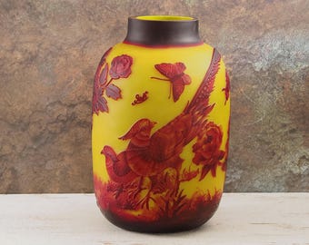 Elegant Yellow-Orange Glass Vase with Pheasant Motif - Emile Galle Style, Limited Edition Home Decor, Gift for him, Gift for her gift