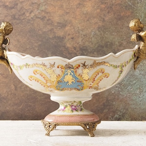 Bol en porcelaine Art Nouveau avec anges, ornements en bronze et motifs floraux - Plateau de collection vintage