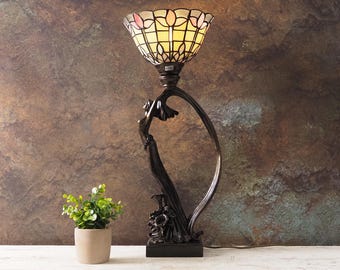 Elegante Art Nouveau Tiffany-stijl tafellamp met vrouwenfiguur en glas-in-loodkap, 56 cm, uniek vintage cadeau