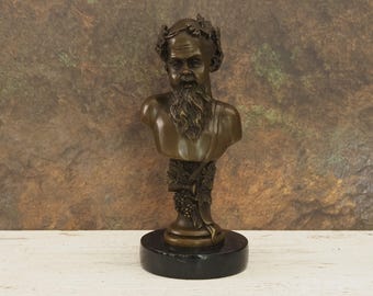 Vintage Bronze Bacchus Bust: Roman Wine God Sculpture on Marble Base - Luxurious Mythological Art, Gift for him, Gift for hergift