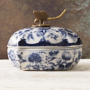 Vintage Blue Porcelain Trinket Box with Bronze Dragonfly - Antique Floral Jewelry Casket, Elegant Home Decor Gift