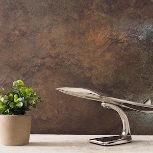 Puede incluir: Un modelo de avión de metal plateado pulido montado sobre un soporte curvo, colocado junto a una pequeña planta verde en una maceta de cerámica marrón claro. El avión presenta un diseño aerodinámico y elegante con nariz puntiaguda.